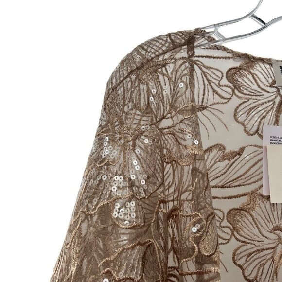 Anne Klein Women's Sheer Floral Sequined Open Front Top Latte Size S/M New - Picture 3 of 9